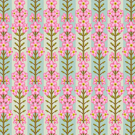 Iconic by Anna Maria Forgetmenot floral fabric with pink flowers on blue background