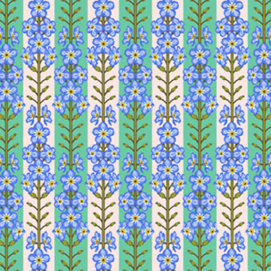 Iconic by Anna Maria Forgetmenot floral fabric in fresh blue and green vertical stripes by Northcott Fabrics