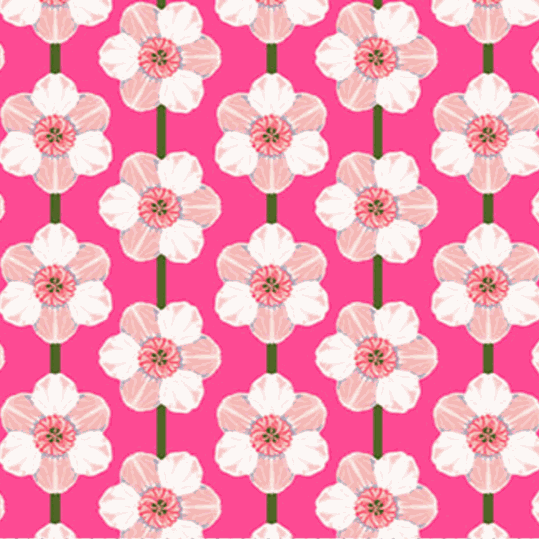 Iconic by Anna Maria fabric featuring daffodil floral pattern on bubblegum pink background