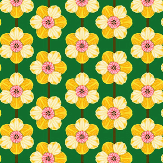 Iconic by Anna Maria yellow daffodil floral fabric pattern on verdant green background for quilting and crafts