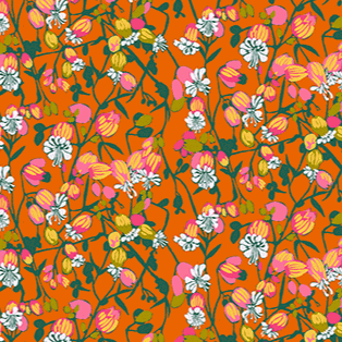 Jumpstart Silene Tangerine fabric by Anna Maria Parry with vibrant floral design on tangerine background