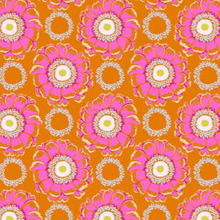Jumpstart Whirling Toast fabric with vibrant pink floral pattern on orange background by Anna Maria Parry