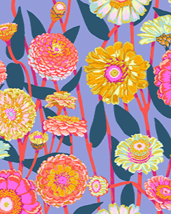Jumpstart Zinnia Show Glow fabric by Anna Maria Parry featuring vibrant colorful zinnia flowers on purple background