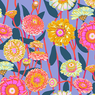Jumpstart Zinnia Show Glow fabric by Anna Maria Parry featuring vibrant colorful zinnia flowers on purple background