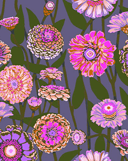 Jumpstart Zinnia Show Mauve fabric by Anna Maria Parry featuring vibrant mauve zinnia flowers on a muted background