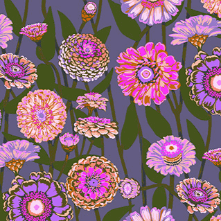 Jumpstart Zinnia Show Mauve fabric by Anna Maria Parry featuring vibrant mauve zinnia flowers on a muted background