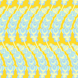Jumpstart Bells of Ireland Sunny fabric by Anna Maria Parry with blue-green floral pattern on yellow background