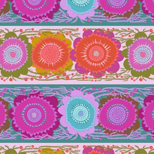Perennial Borders floral fabric with colorful circular flower patterns by Anna Maria Parry for Northcott Fabrics