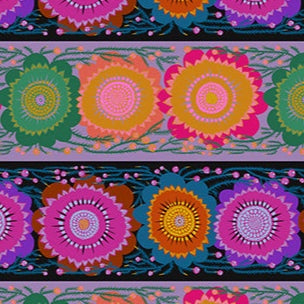 Perennial Borders fabric with colorful floral stripes in Moonlight by Anna Maria Parry for Northcott Fabrics