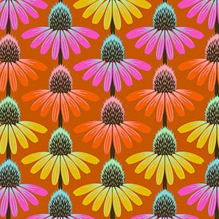 Perennial Borders fabric with colorful Echinacea flowers on fire orange background by Anna Maria Parry