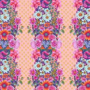 Perennial Borders Beata's Garden floral fabric by Anna Maria Parry with vibrant flowers on peach background