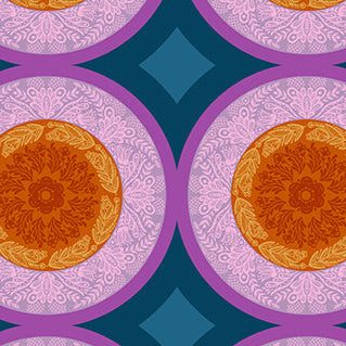 Perennial Borders fabric with amber doily and purple circular floral patterns by Anna Maria Parry