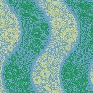 Perennial Borders fabric with blue and green floral scallop pattern by Anna Maria Parry