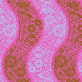 Perennial Borders Village Path fabric in raspberry with floral and leaf patterns by Anna Maria Parry for Northcott Fabrics