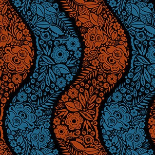 Perennial Borders Village Path Night fabric with blue and orange floral wavy stripes by Anna Maria Parry for Northcott Textiles