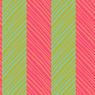 Perennial Borders Tipsy fabric in guava with green and pink diagonal stripes by Anna Maria Parry for Northcott Fabrics.