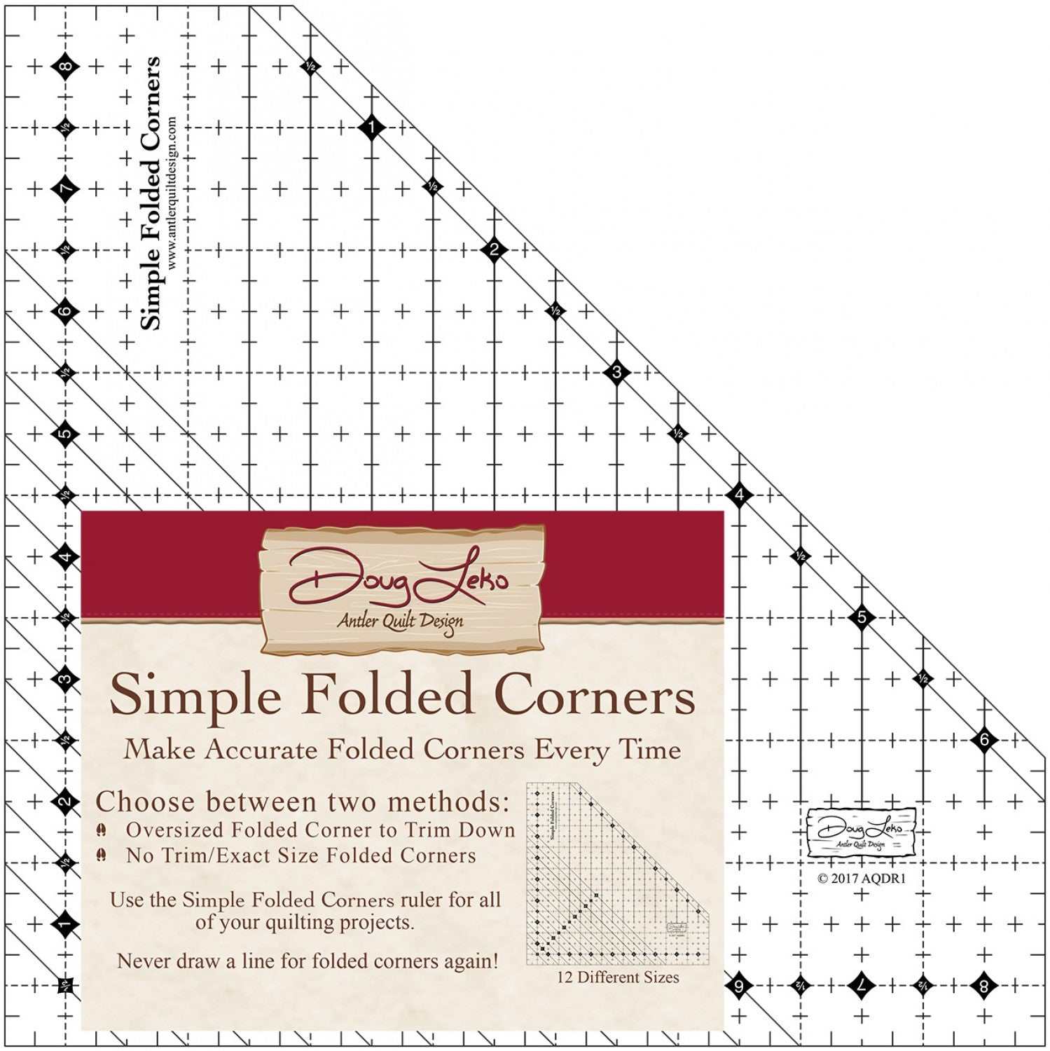 Simple Folded Corners quilting ruler by Doug Leko for accurate folded corner creation in 12 sizes.