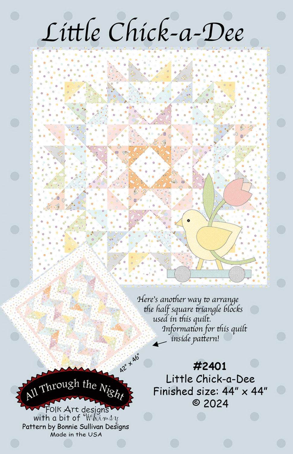 Little Chick-A-Dee quilt pattern with applique, 44x44 inches, beginner-friendly printed design by All Through the Night