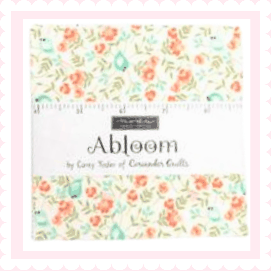 Abloom Charm Pack by Corey Yoder with 42 premium 5x5 Moda Fabric precut squares featuring florals and modern patterns