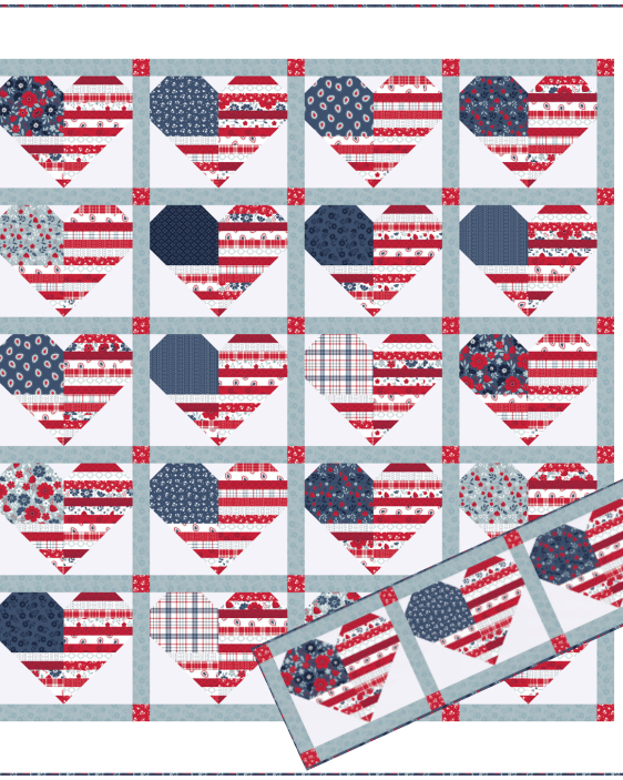 American Heart Table Runner kit with American Beauty fabric by Dani Mogstad for Riley Blake Designs showing completed 18x57 inch table runner top and binding
