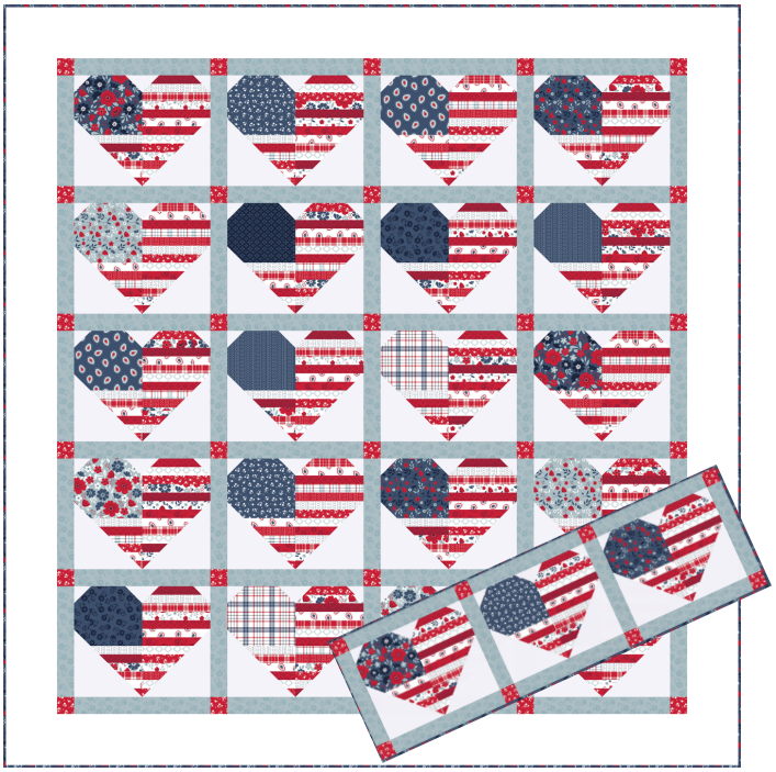American Heart Table Runner kit with American Beauty fabric by Dani Mogstad for Riley Blake Designs showing completed 18x57 inch table runner top and binding