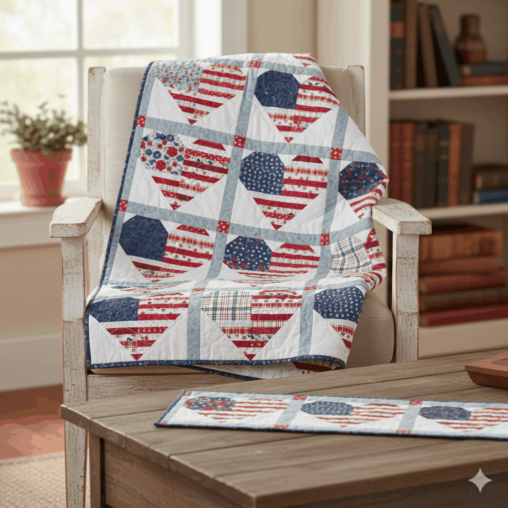 American Heart Quilt Kit featuring patriotic heart patterns in red, white, and blue on a cozy throw quilt draped over a chair