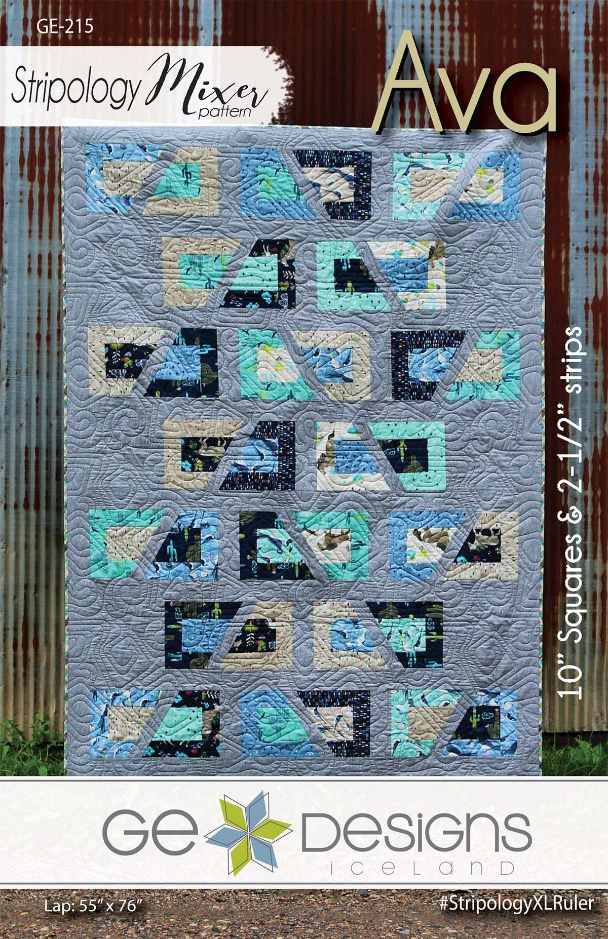 Ava Stripology Mixer Pattern quilt with 10-inch squares and 2.5-inch strips using novelty prints