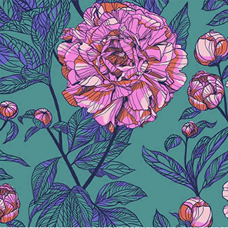 Indelible 108" Wideback fabric with intricate pink peony floral design on jade background by Anna Maria Textiles