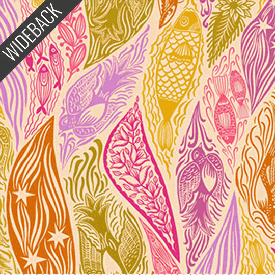Shooting Star 108" Wide Back fabric with colorful whimsical fish and star patterns in mango by Anna Maria Textiles