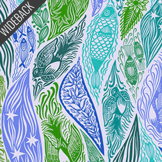 Shooting Star fabric by Anna Maria Textiles for Northcott with vibrant blue and green aquatic and botanical patterns, 108" wideback, sold by half-yard