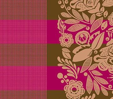 Perennial Borders Festival Wideback fabric in coffee by Anna Maria Parry, floral and stripe pattern, 108" wideback