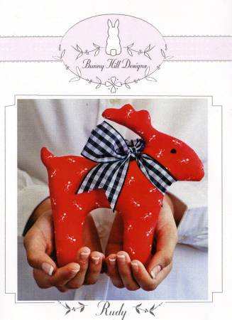 Petities - Rudy the Reindeer soft red fabric ornament with checkered bow by Bunny Hill Designs