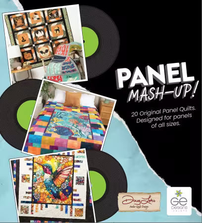 Panel Mash-Up quilting book cover by Doug Leko and Gudrun Erla featuring colorful quilt designs and vinyl records background