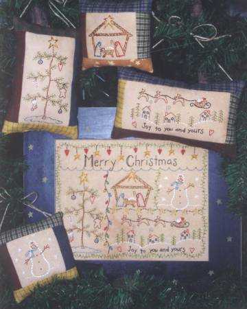 Merry Christmas Stitchery framed or pillow ornaments with holiday designs and festive holiday motifs