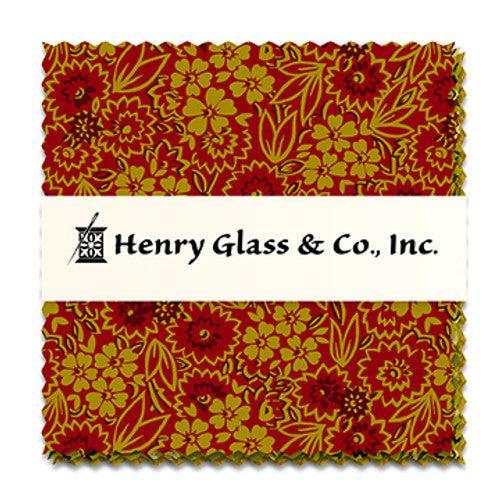 Baubles & Balsam 5-inch fabric squares with red and olive green floral and paisley patterns by Henry Glass & Co.