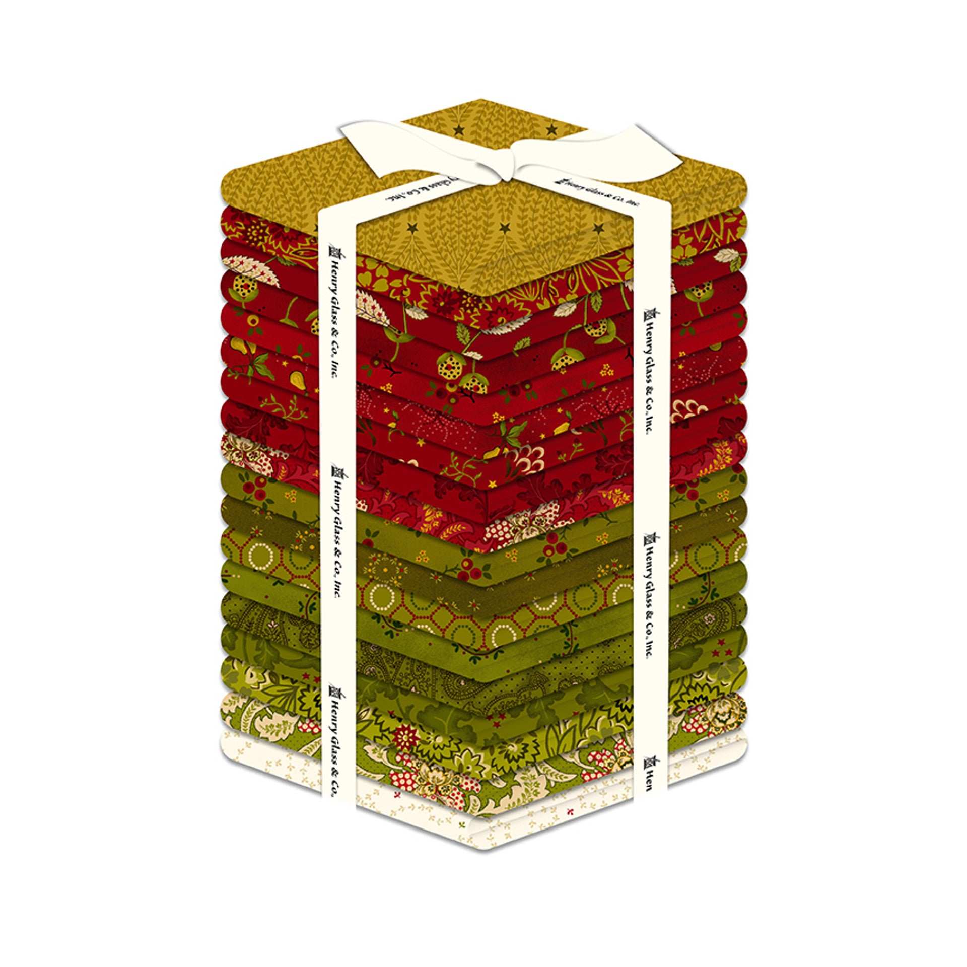 Stack of 18 Baubles & Balsam fat quarters in red, olive green, and gold tones by Kim Diehl for Henry Glass & Co.