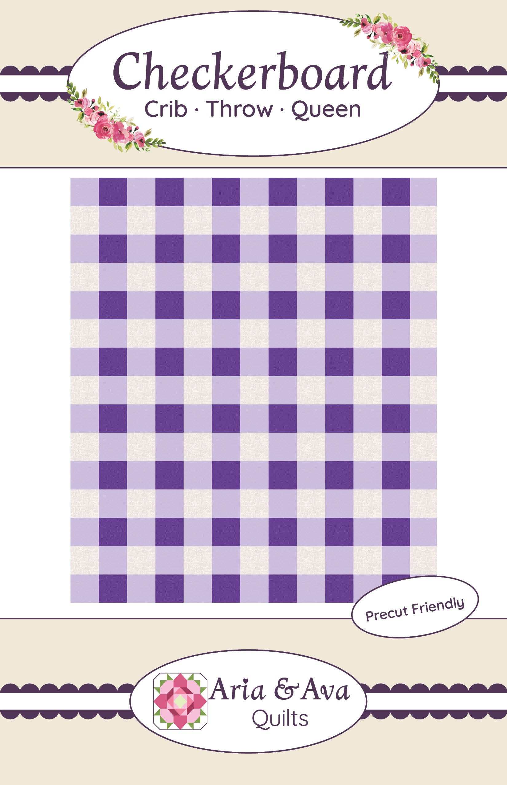 Checkerboard quilt pattern by Aria & Ava with purple plaid design for crib, throw, and queen sizes