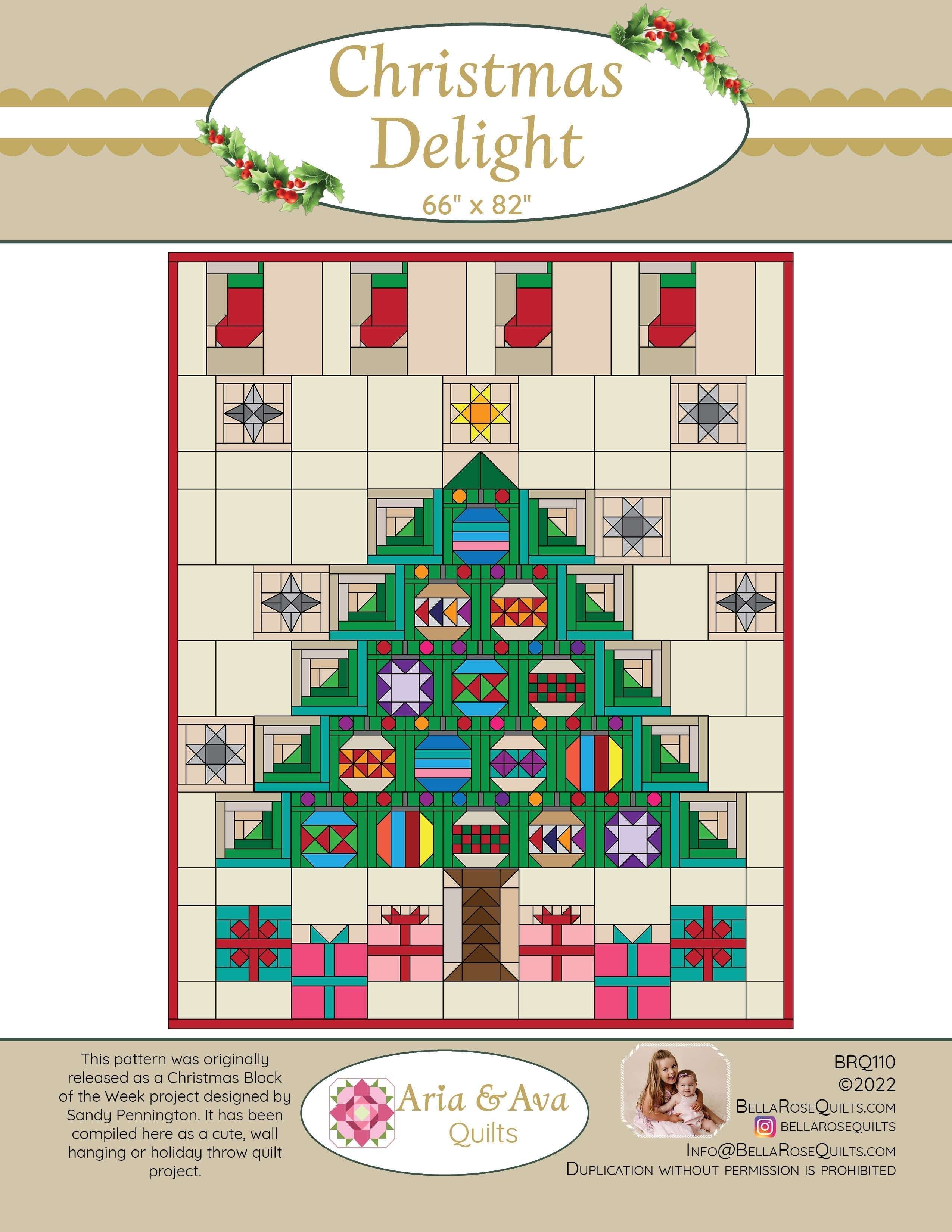 Christmas Delight quilt pattern by Aria & Ava Quilts featuring a holiday tree with presents and stockings design