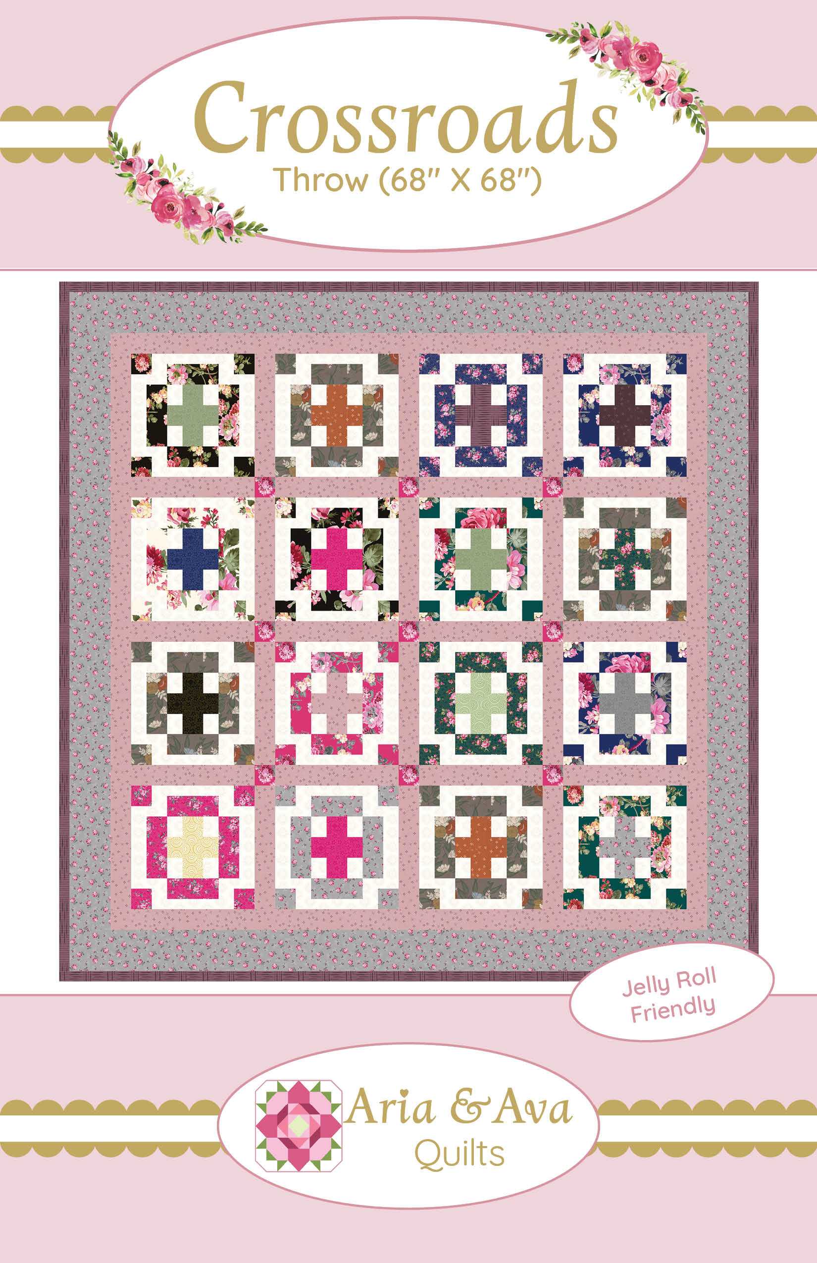 Crossroads throw quilt pattern by Aria & Ava Quilts featuring scrappy jelly roll design 68x68 inches