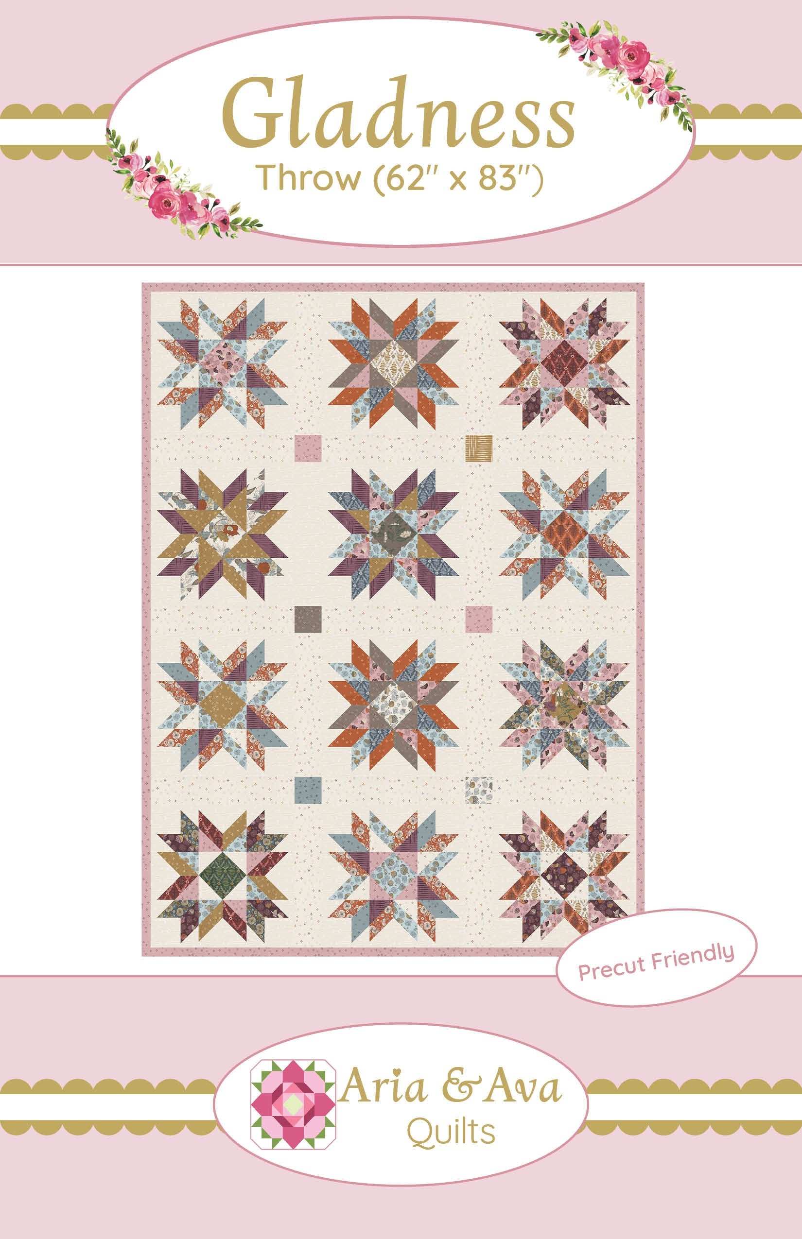 Gladness quilt pattern by Aria and Ava Quilts featuring unique star blocks in various fabric combinations, 62x83 inches finish.