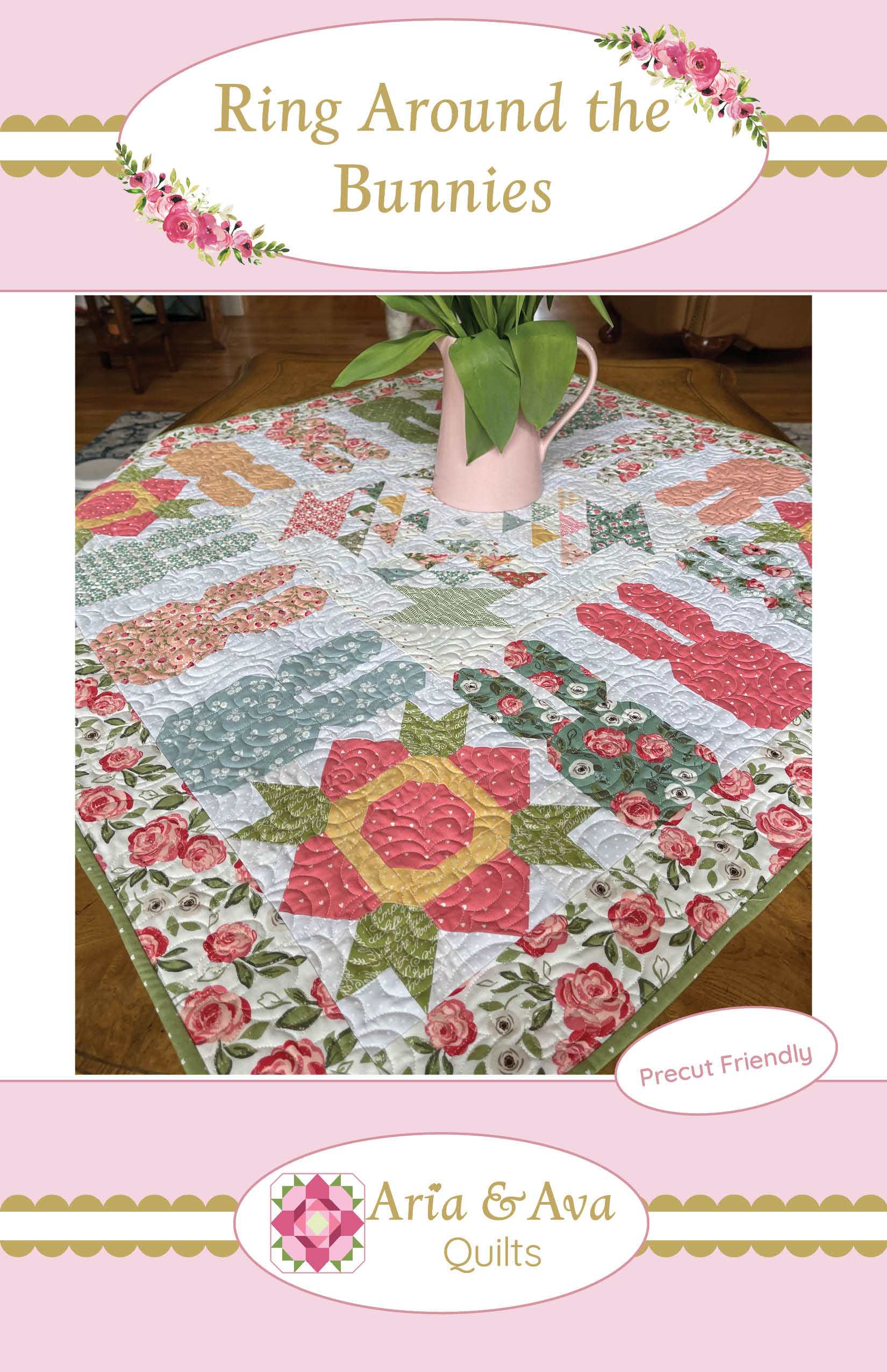 Ring Around the Bunnies quilted table topper with spring bunny and floral blocks by Aria & Ava Quilts