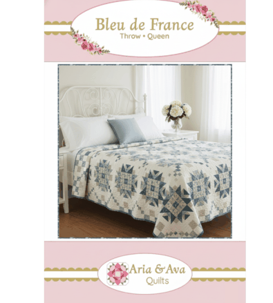 Bleu de France Quilt Pattern downloadable throw and queen size quilt on bed by Aria & Ava Quilts