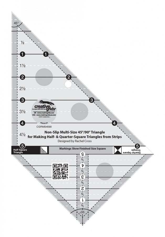 Creative Grids Multi-Size Triangle 45/90 degree quilting ruler with non-slip grip and black and white markings