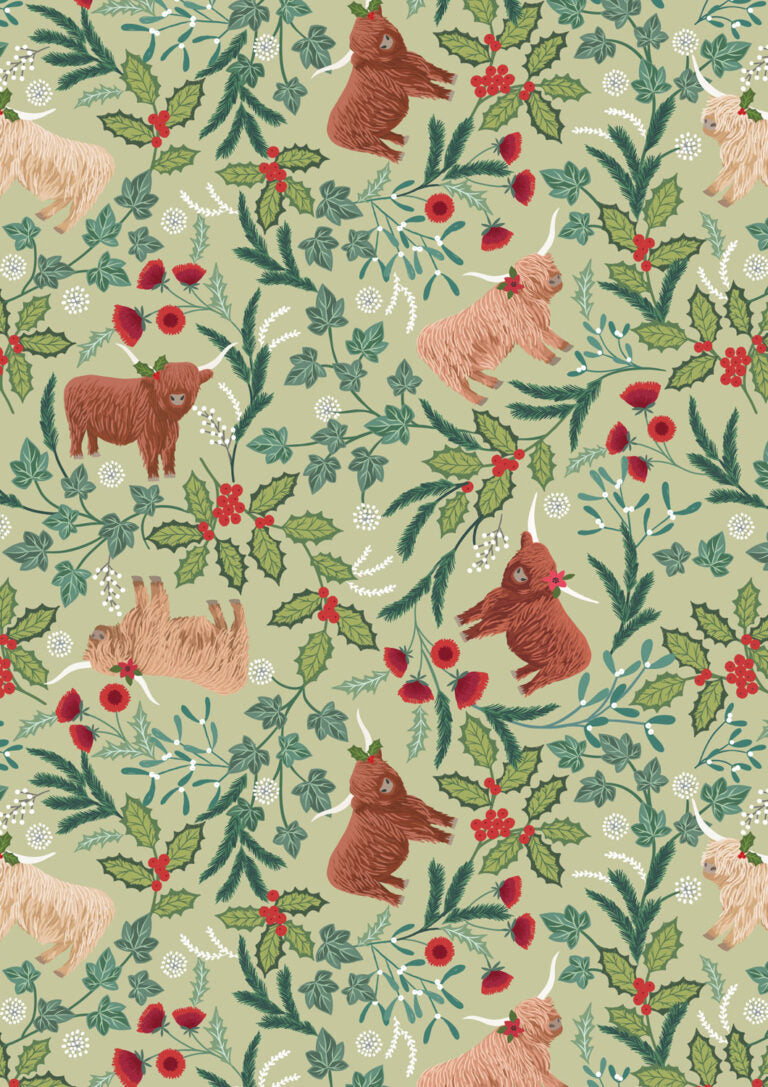 C130B Celtic Christmas fabric with Highland cows, holly, and checks on festive sage background