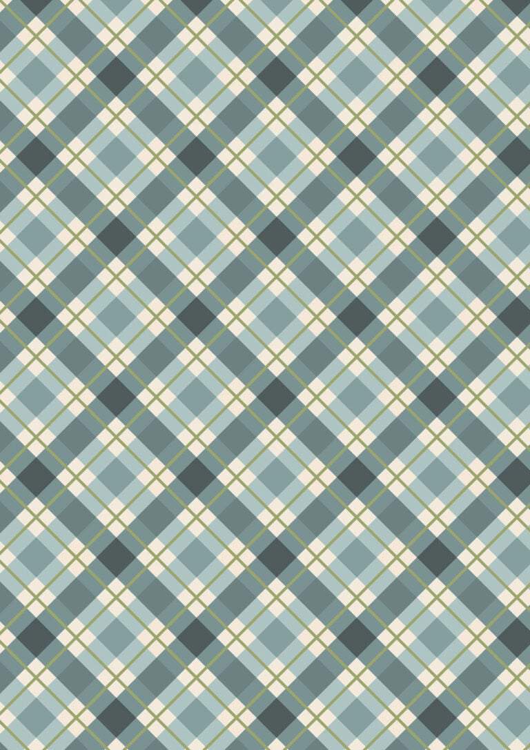 C132A Celtic Christmas fabric in winter blue check with Highland cows and holly festive design