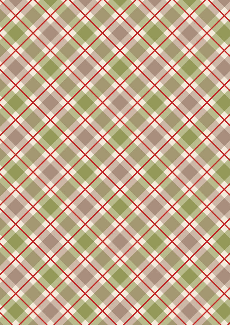 Celtic Christmas Highland Check fabric with Highland cows, holly, and gingham patterns by Lewis & Irene