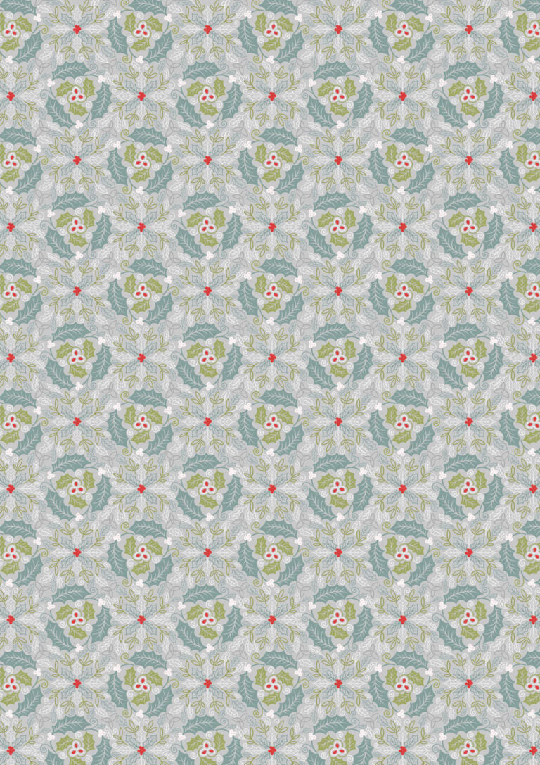 Celtic Christmas fabric with silver Celtic leaves by Lewis & Irene showcasing festive Highland cows and seasonal foliage