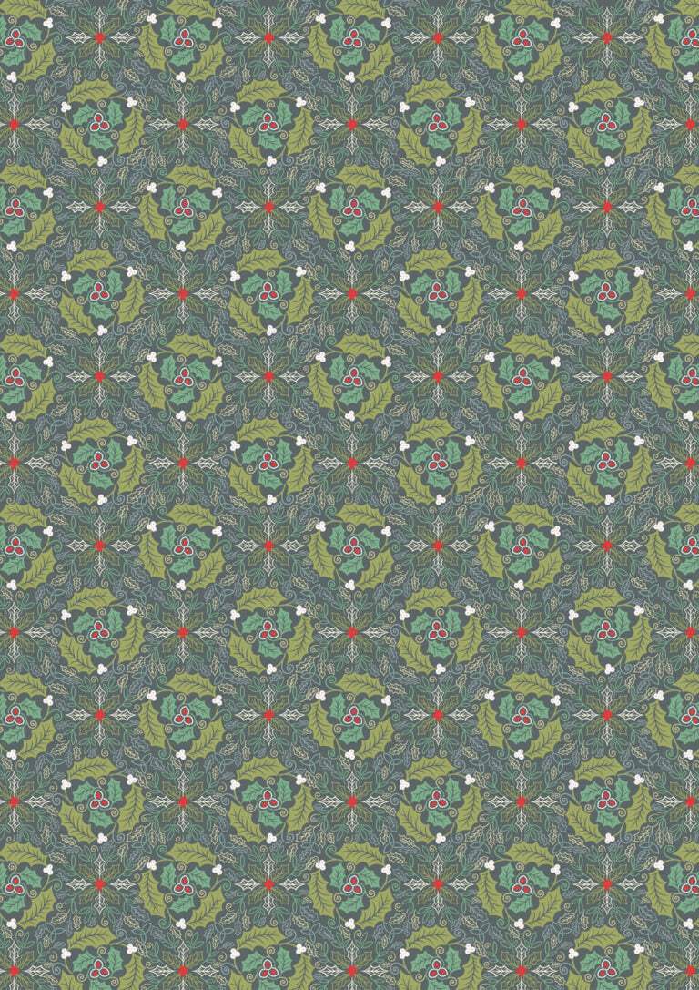 Celtic Christmas festive fabric with Celtic leaves, Highland cows, holly, and winter foliage by Lewis & Irene