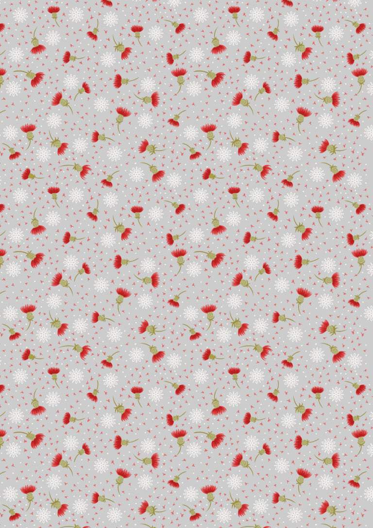 Celtic Christmas fabric featuring Highland cows, holly, and gingham patterns on silver background by Lewis & Irene