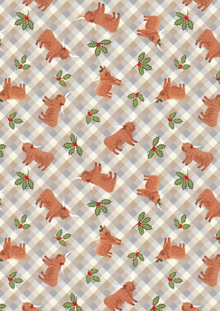 Celtic Christmas Highlands fabric featuring Highland cows, holly, and gingham pattern by Lewis & Irene